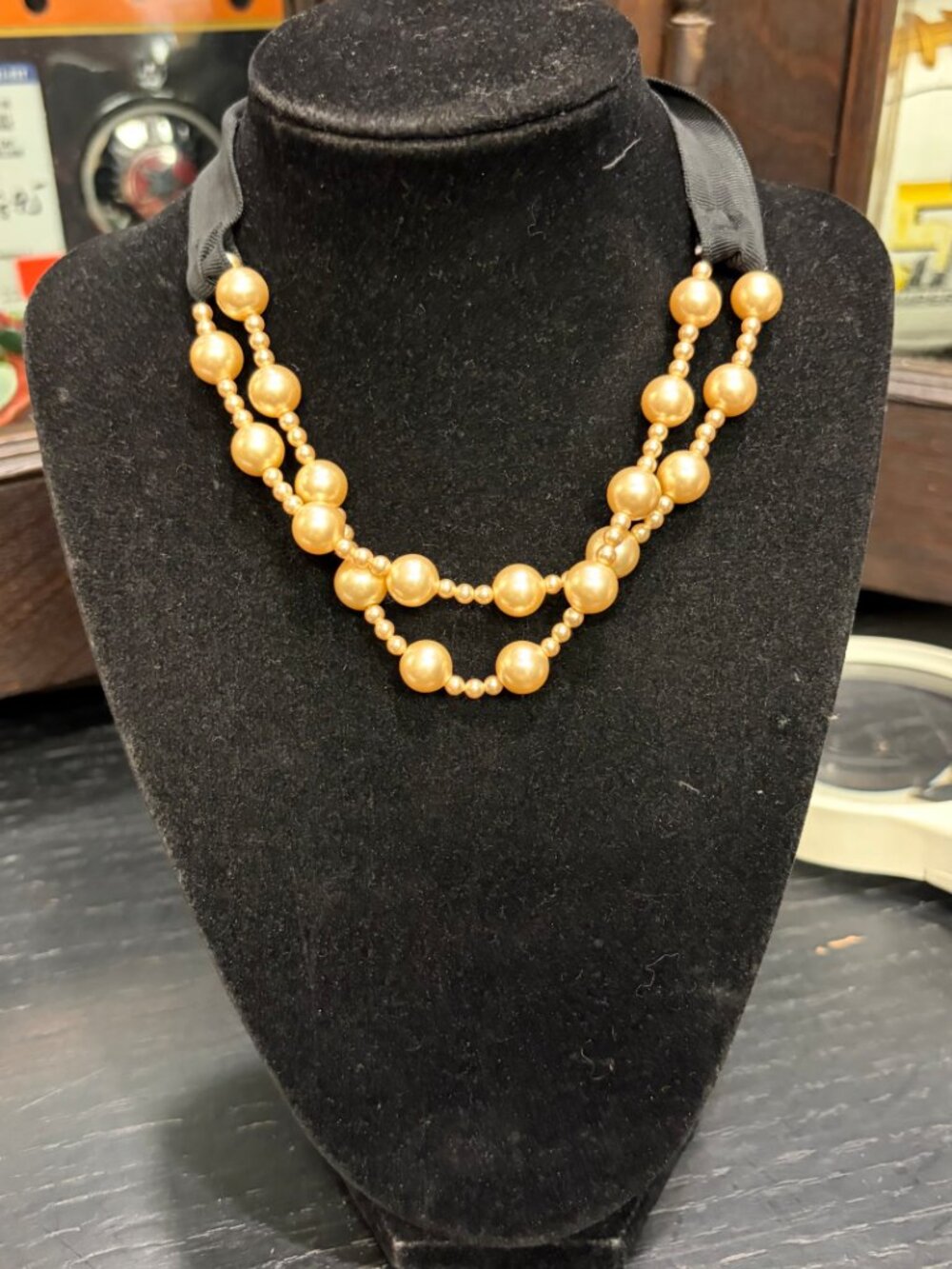 Faux Pearl Double Strand Black Ribbon Tie Necklace